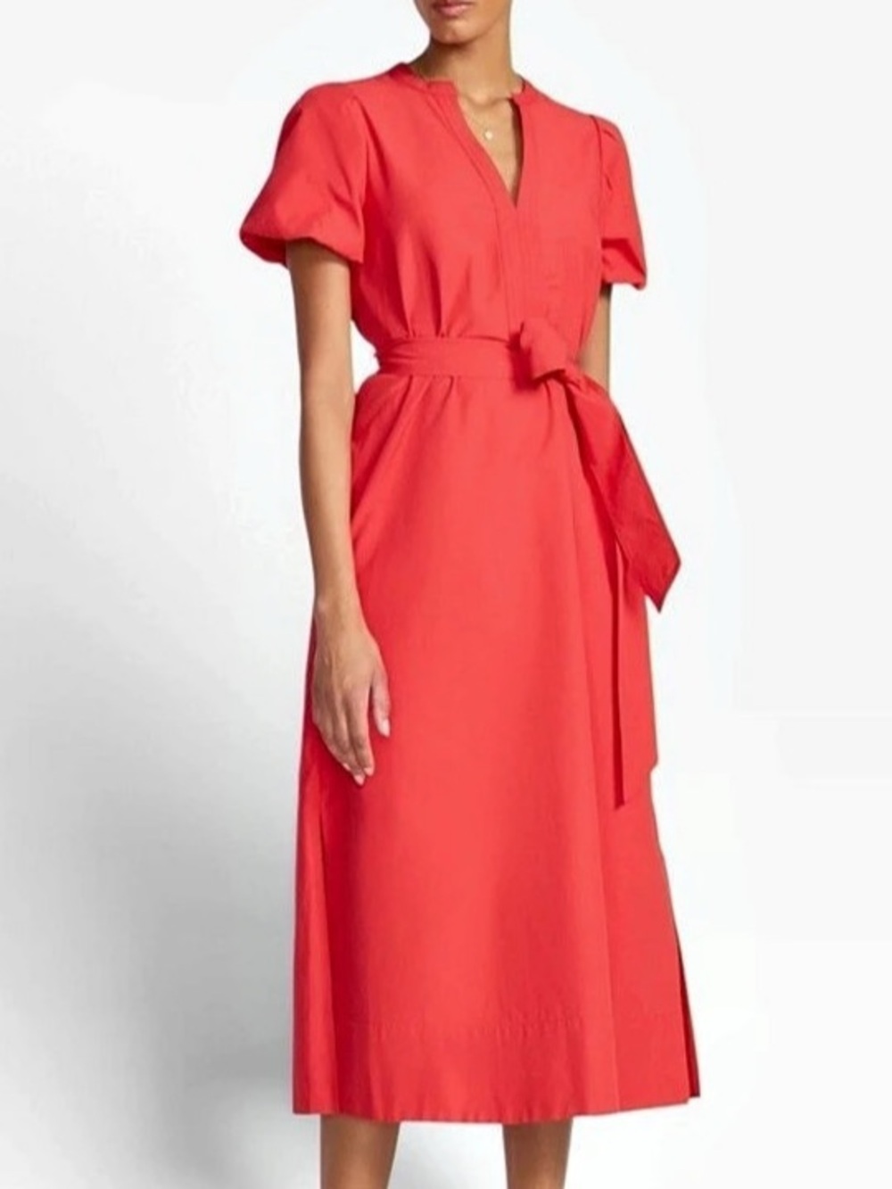 BROCHU WALKER The Camden Poppy Puff Sleeve Belted Poplin Midi Dress Size Small